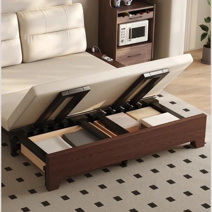 Sofá cama convertible con estructura de metal y madera maciza con almacenamiento oculto