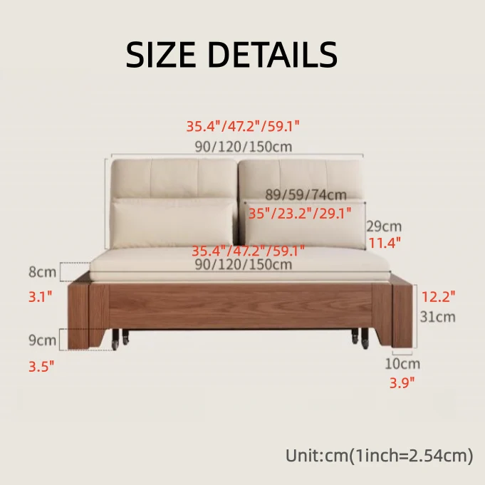 Sofá cama convertible con estructura de metal y madera maciza con almacenamiento oculto