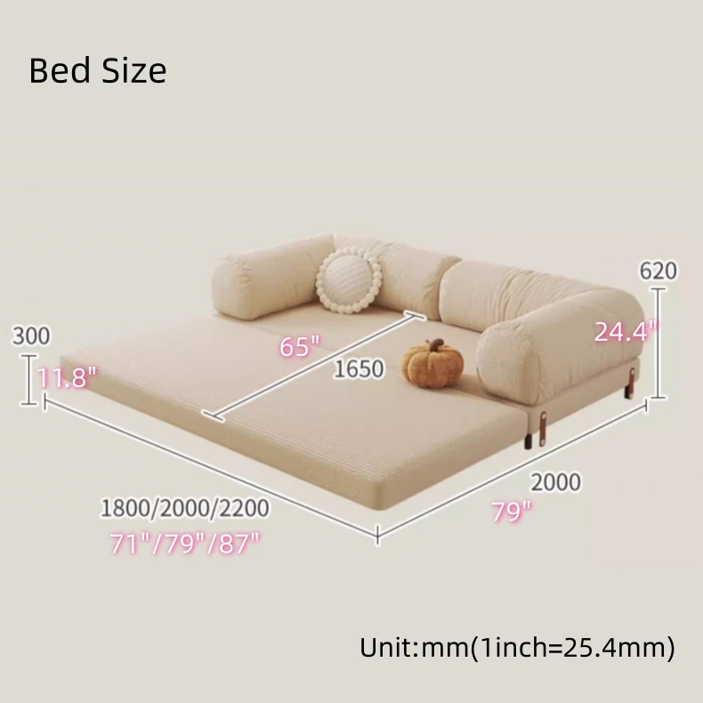 Sofá cama tapizado en tela de pana con estructura de metal