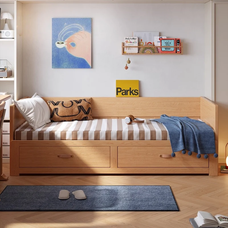 Sofá cama extraíble POLKA de madera maciza con cajones de almacenamiento debajo