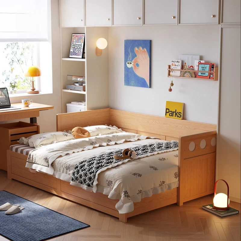 Sofá cama extraíble POLKA de madera maciza con cajones de almacenamiento debajo