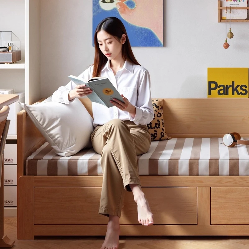 Sofá cama extraíble POLKA de madera maciza con cajones de almacenamiento debajo