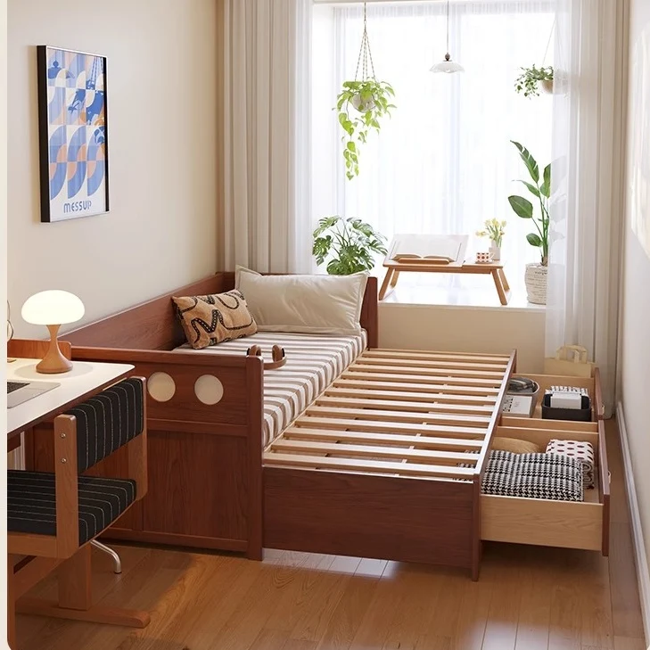 Sofá cama extraíble POLKA de madera maciza con cajones de almacenamiento debajo
