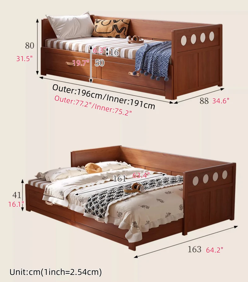 Sofá cama extraíble POLKA de madera maciza con cajones de almacenamiento debajo