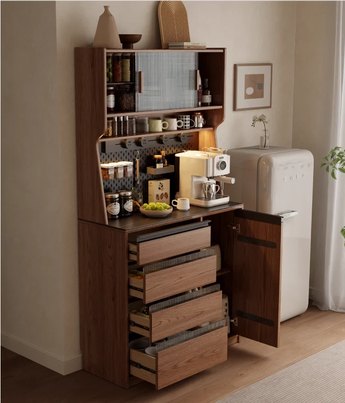 Mueble bar de café de madera maciza con organizador de tablero perforado y amplio espacio de almacenamiento