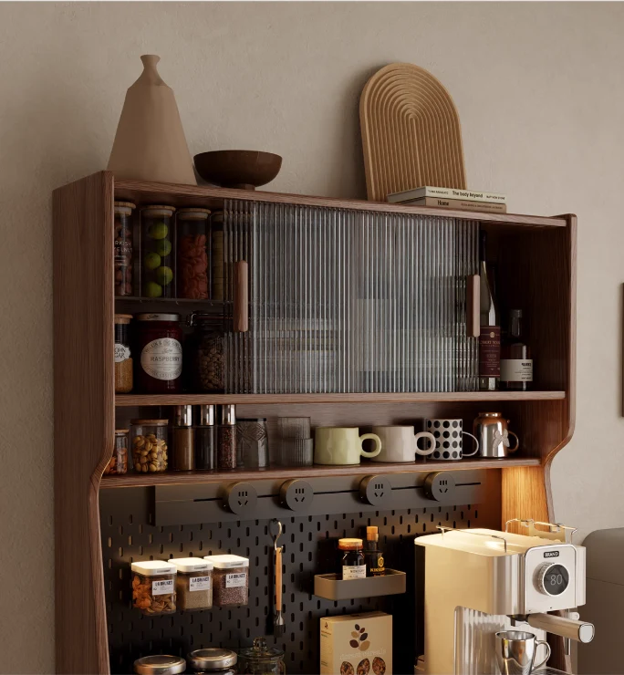 Mueble bar de café de madera maciza con organizador de tablero perforado y amplio espacio de almacenamiento