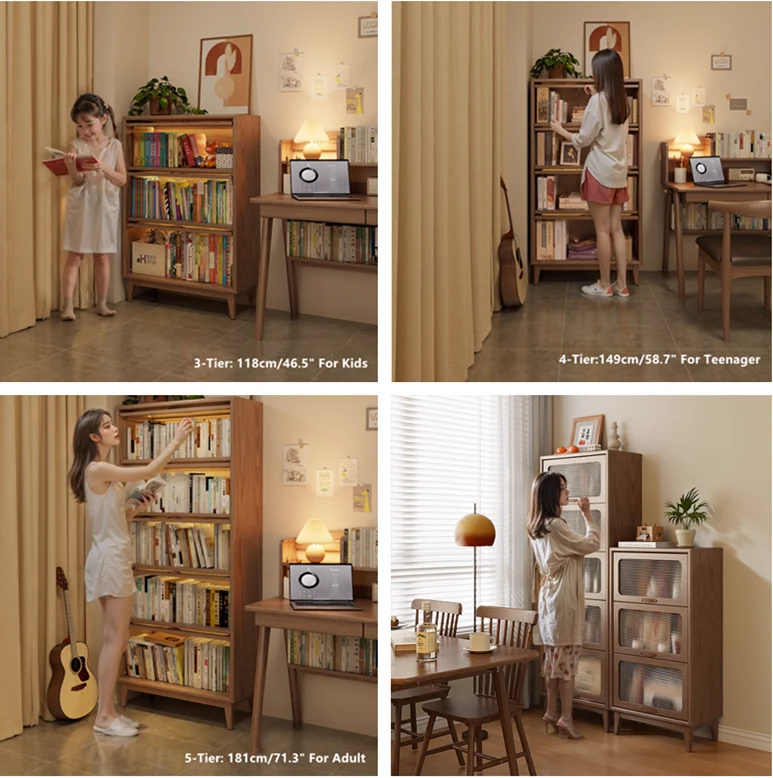 Librería de madera maciza con puertas abatibles de vidrio templado