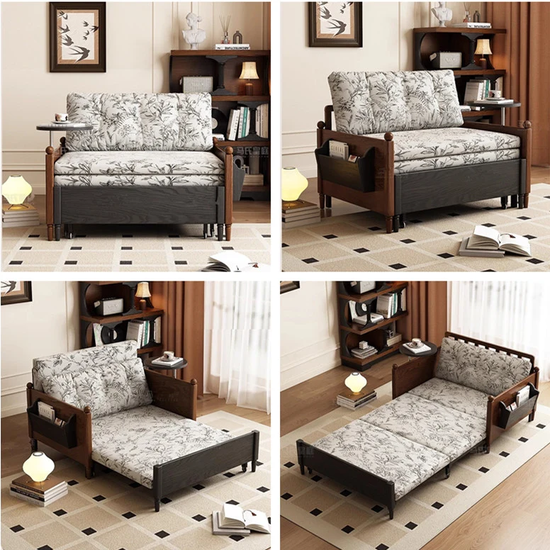 Sofá cama de tela estampada MARKSI con mesa con reposabrazos giratorio y caja de almacenamiento portátil