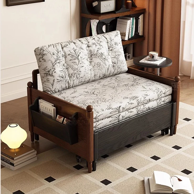 Sofá cama de tela estampada MARKSI con mesa con reposabrazos giratorio y caja de almacenamiento portátil