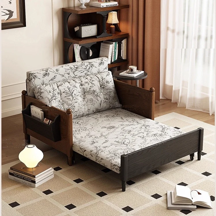 Sofá cama de tela estampada MARKSI con mesa con reposabrazos giratorio y caja de almacenamiento portátil