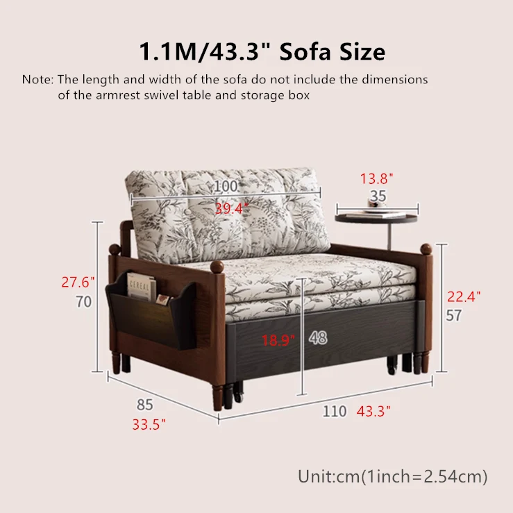 Sofá cama de tela estampada MARKSI con mesa con reposabrazos giratorio y caja de almacenamiento portátil