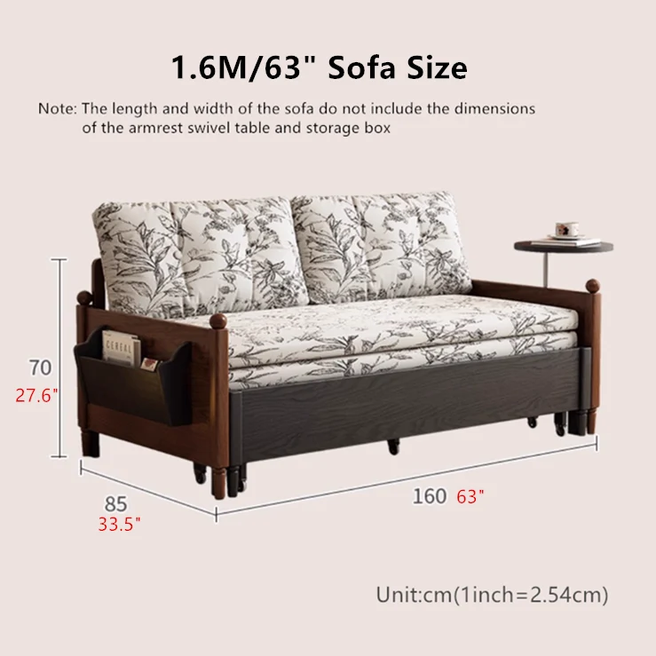 Sofá cama de tela estampada MARKSI con mesa con reposabrazos giratorio y caja de almacenamiento portátil
