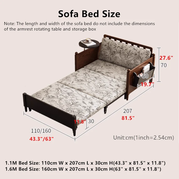 Sofá cama de tela estampada MARKSI con mesa con reposabrazos giratorio y caja de almacenamiento portátil