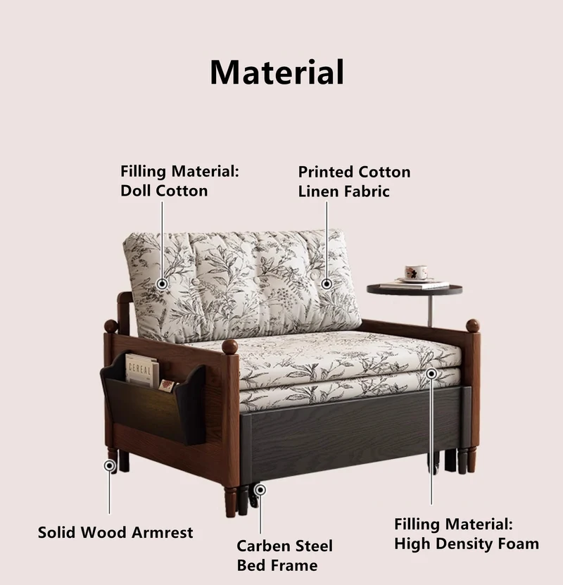 Sofá cama de tela estampada MARKSI con mesa con reposabrazos giratorio y caja de almacenamiento portátil