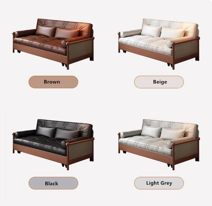 Sofá cama retro de cuero con reposabrazos de tejido de ratán y espacio de almacenamiento debajo.