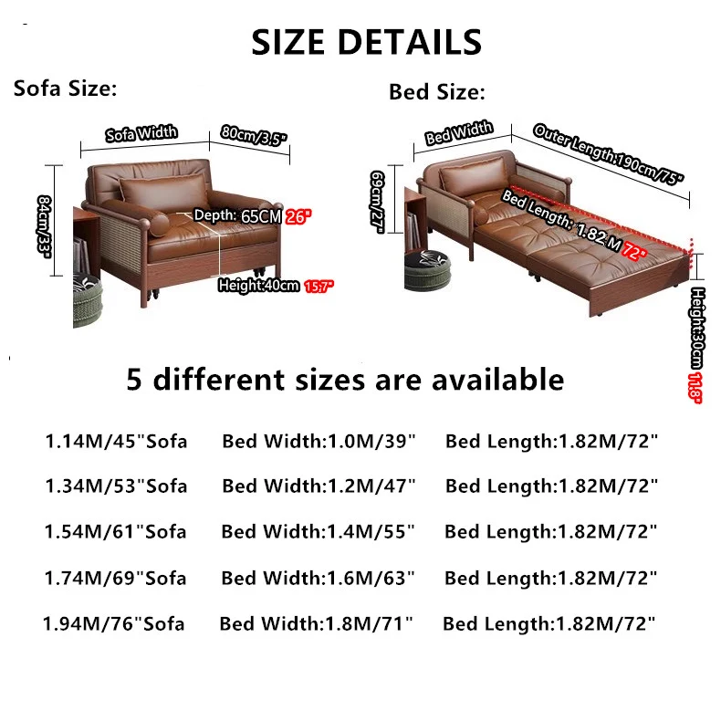Sofá cama retro de cuero con reposabrazos de tejido de ratán y espacio de almacenamiento debajo.