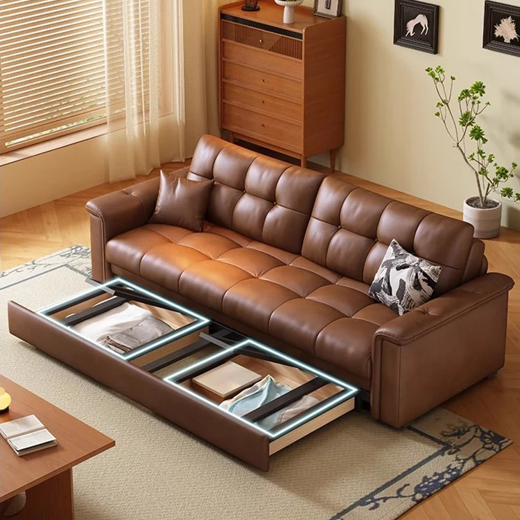 Sofá cama extraíble de tela de cuero retro con espacio de almacenamiento debajo