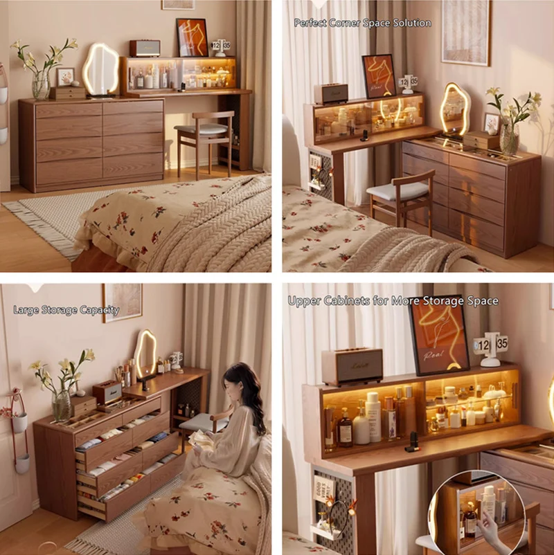 Tocador extensible de lujo ligero con cómoda decorativa de 8 cajones