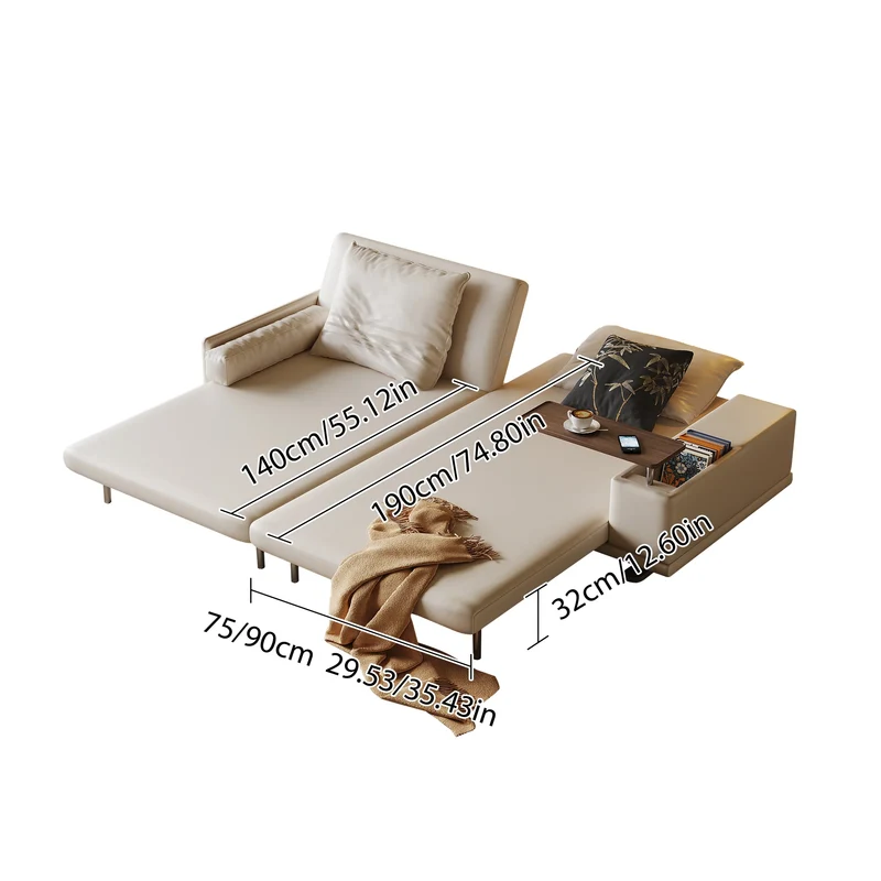 Sofá cama con respaldo ajustable y reposabrazos giratorio de tela de cuero para escritorio