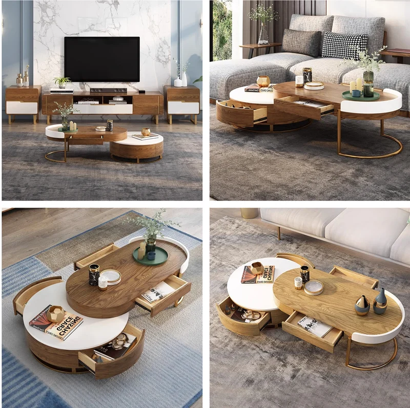 Mesa de centro redonda de lujo moderna y ligera de estilo nórdico con 4 cajones de almacenamiento