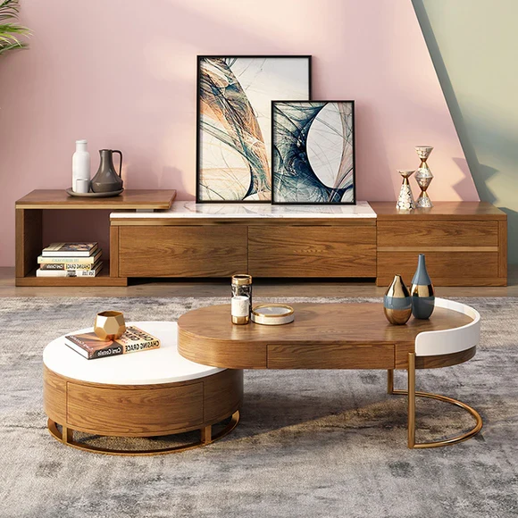 Mesa de centro redonda de lujo moderna y ligera de estilo nórdico con 4 cajones de almacenamiento