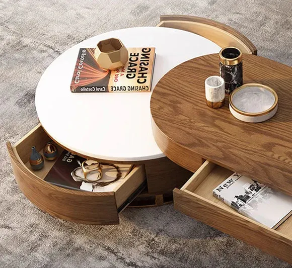 Mesa de centro redonda de lujo moderna y ligera de estilo nórdico con 4 cajones de almacenamiento