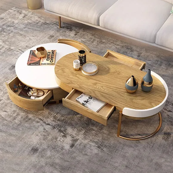 Mesa de centro redonda de lujo moderna y ligera de estilo nórdico con 4 cajones de almacenamiento