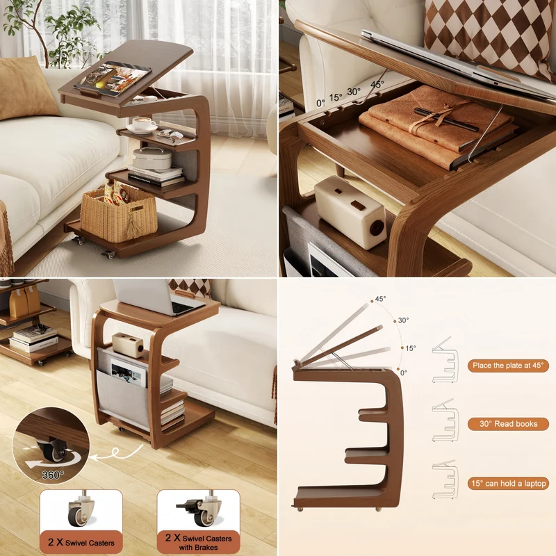 Mesa auxiliar rodante de madera maciza con estante de almacenamiento y tablero abatible.