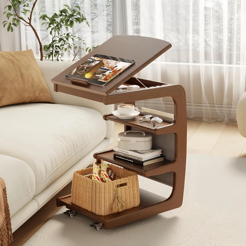Mesa auxiliar rodante de madera maciza con estante de almacenamiento y tablero abatible.