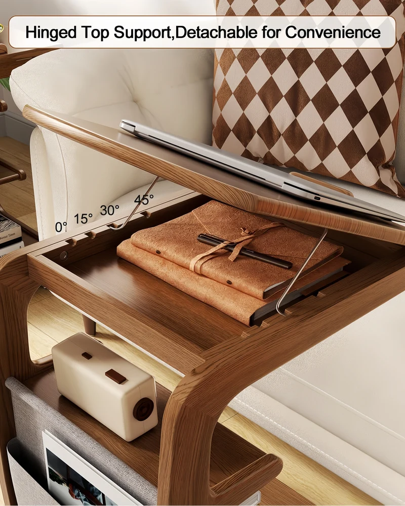 Mesa auxiliar rodante de madera maciza con estante de almacenamiento y tablero abatible.