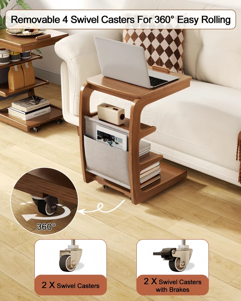 Mesa auxiliar rodante de madera maciza con estante de almacenamiento y tablero abatible.