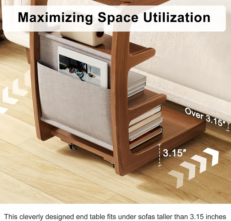 Mesa auxiliar rodante de madera maciza con estante de almacenamiento y tablero abatible.