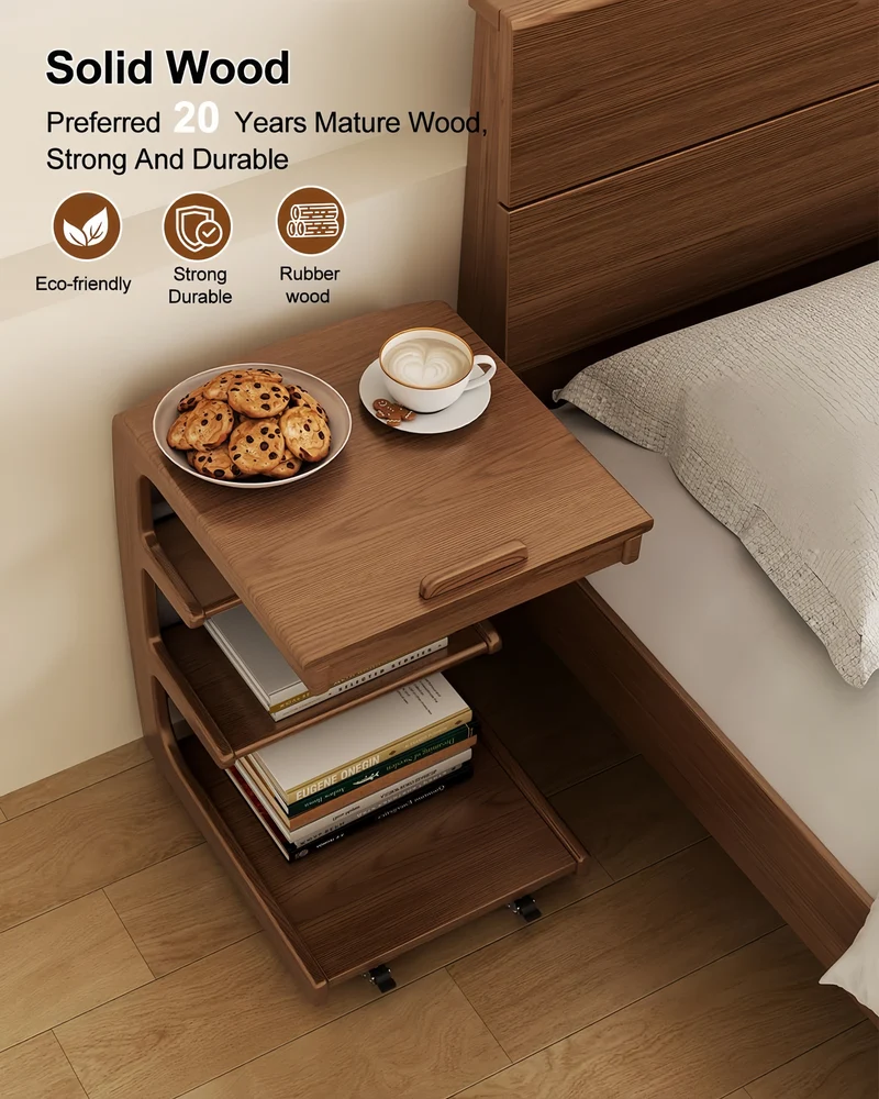 Mesa auxiliar rodante de madera maciza con estante de almacenamiento y tablero abatible.