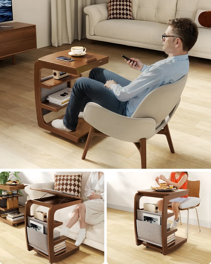 Mesa auxiliar rodante de madera maciza con estante de almacenamiento y tablero abatible.