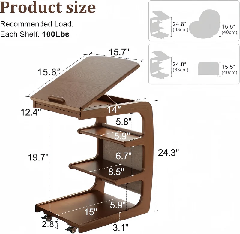 Mesa auxiliar rodante de madera maciza con estante de almacenamiento y tablero abatible.