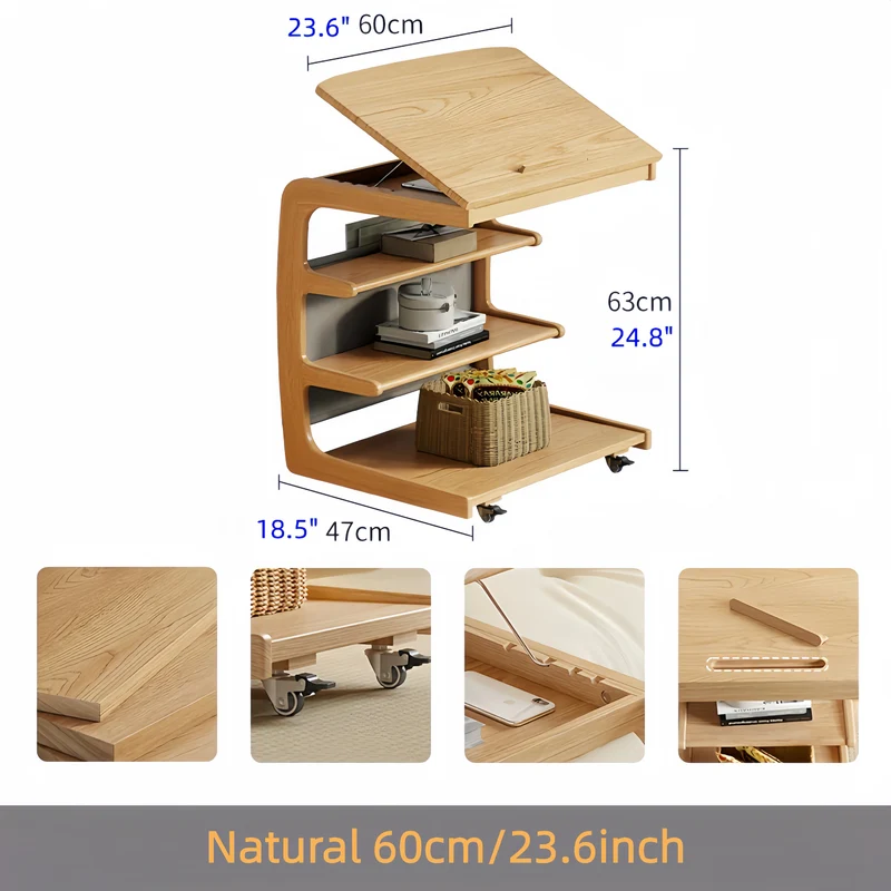 Mesa auxiliar rodante de madera maciza con estante de almacenamiento y tablero abatible.
