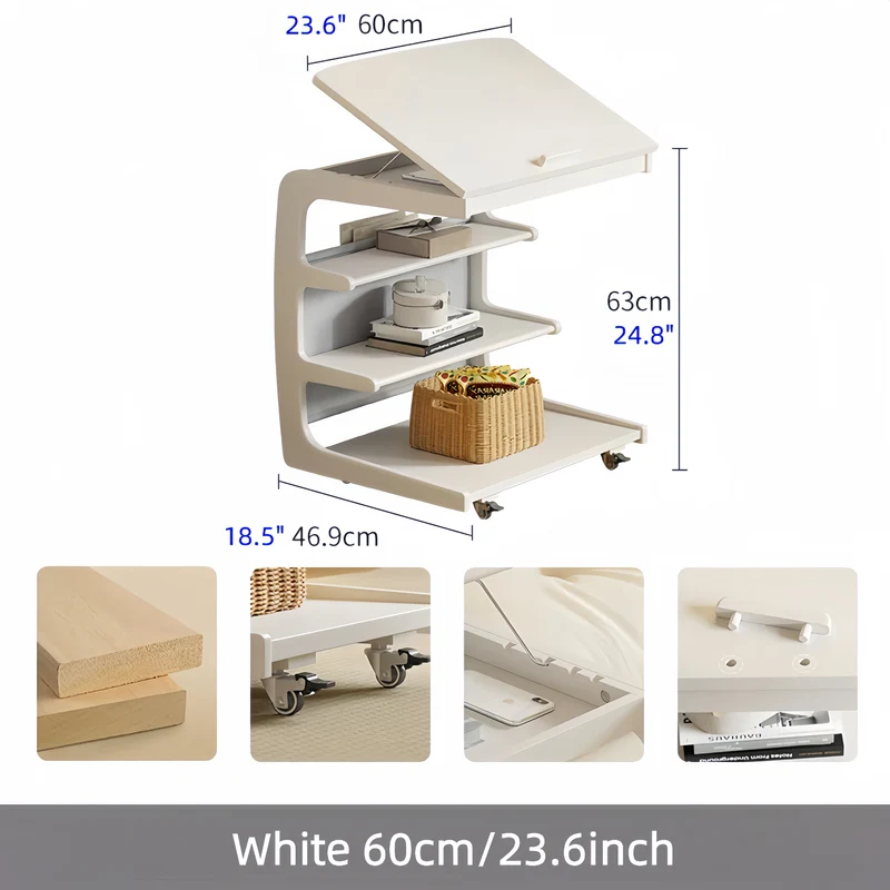 Mesa auxiliar rodante de madera maciza con estante de almacenamiento y tablero abatible.
