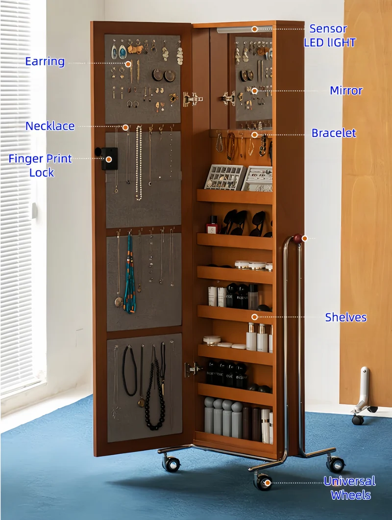 Organizador de joyas portátil con espejo de cuerpo entero y cerradura de huella dactilar.