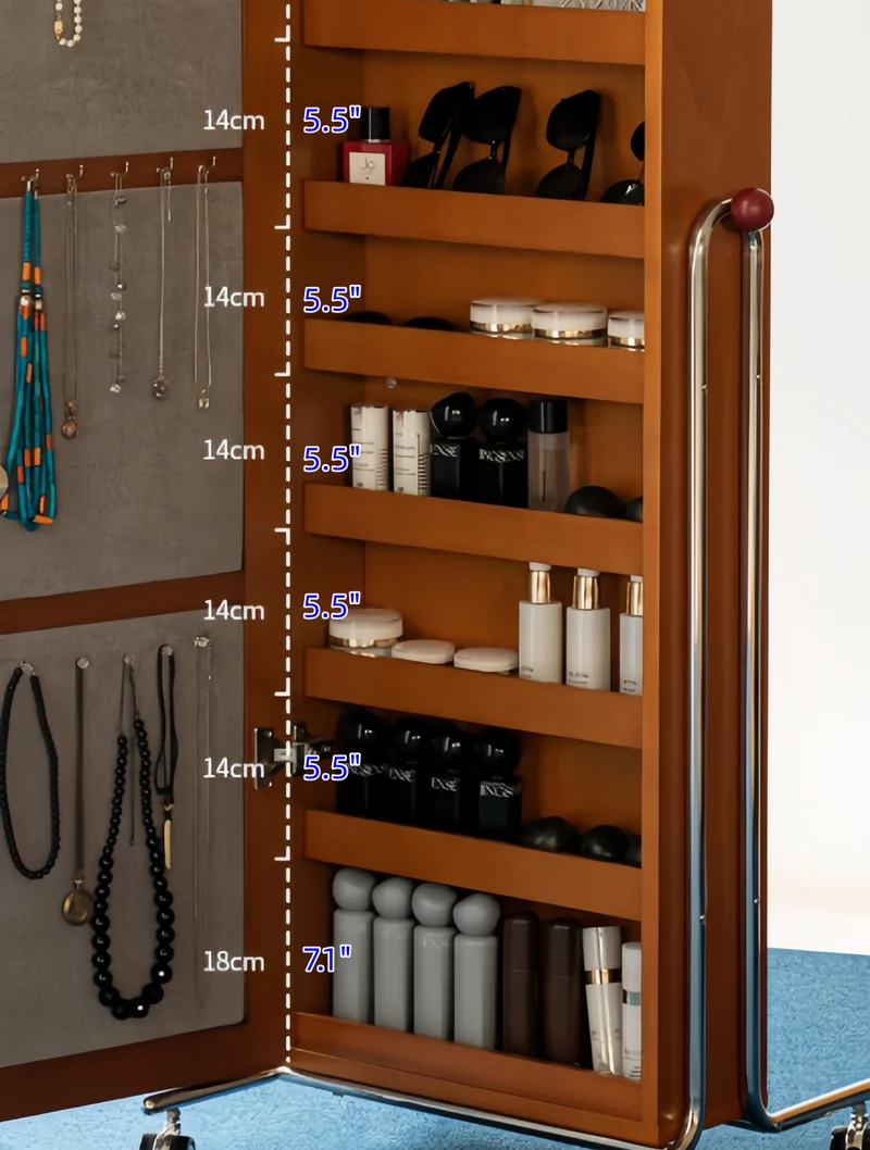 Organizador de joyas portátil con espejo de cuerpo entero y cerradura de huella dactilar.