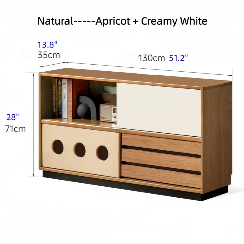 Mueble para equipos multimedia Japandi de madera maciza de boj con puerta corredera y cajones.