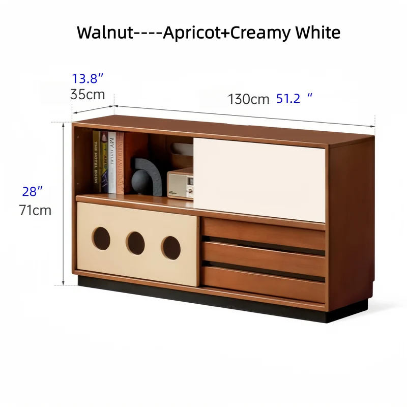 Mueble para equipos multimedia Japandi de madera maciza de boj con puerta corredera y cajones.