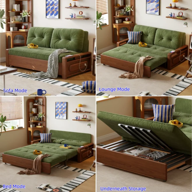 Sofá cama convertible 3 en 1 de tela chenilla con almacenamiento inferior.