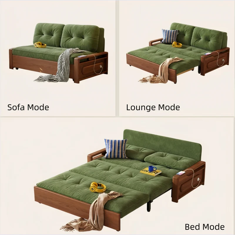 Sofá cama convertible 3 en 1 de tela chenilla con almacenamiento inferior.