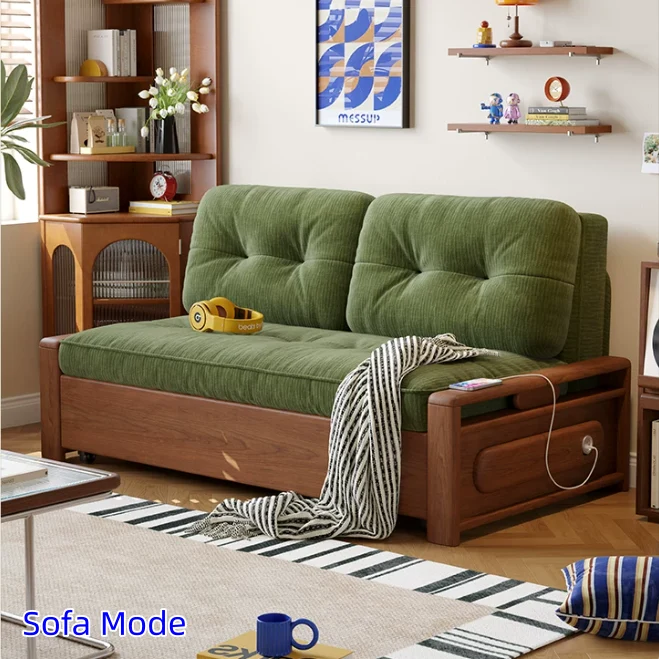 Sofá cama convertible 3 en 1 de tela chenilla con almacenamiento inferior.
