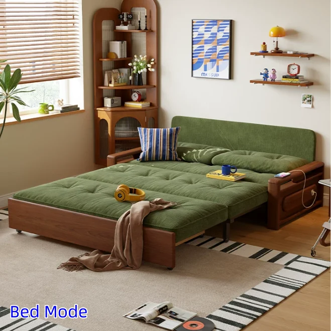 Sofá cama convertible 3 en 1 de tela chenilla con almacenamiento inferior.