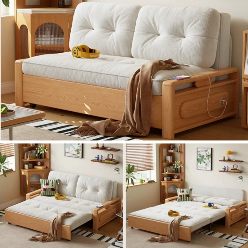 Sofá cama convertible 3 en 1 de tela chenilla con almacenamiento inferior.