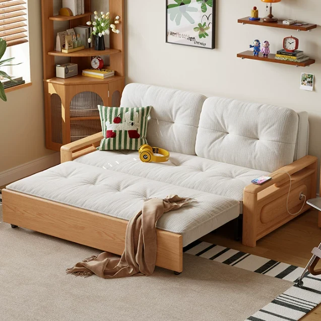 Sofá cama convertible 3 en 1 de tela chenilla con almacenamiento inferior.