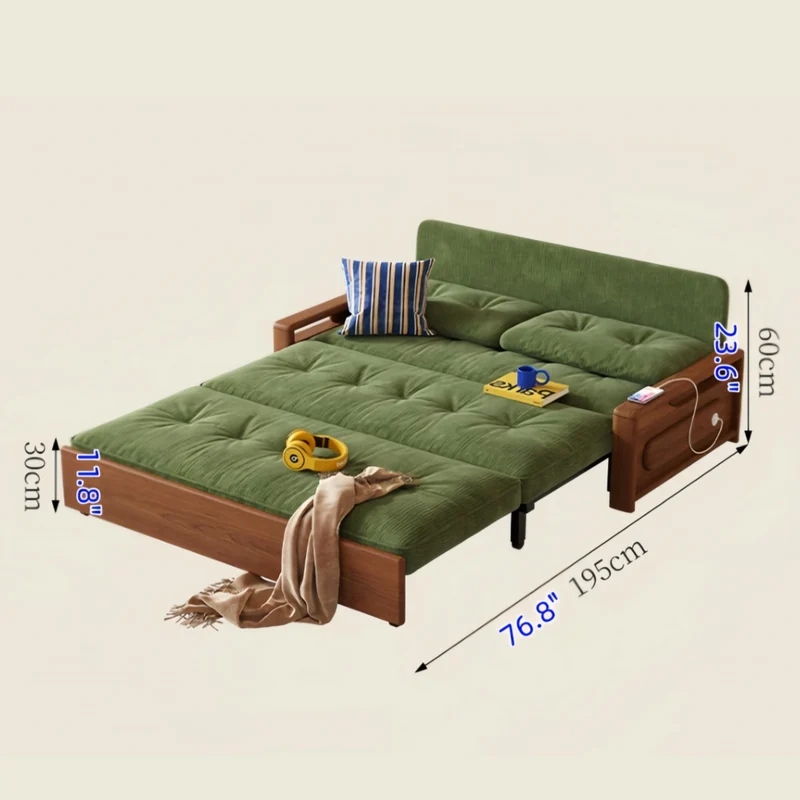 Sofá cama convertible 3 en 1 de tela chenilla con almacenamiento inferior.
