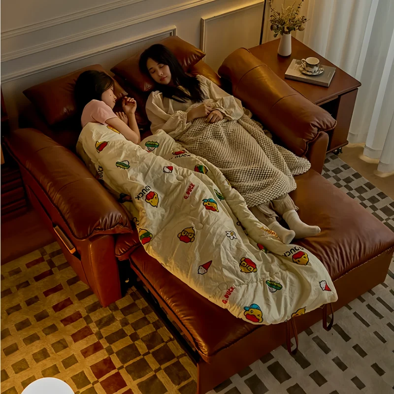 Sofá cama convertible 3 en 1 de cuero encerado al aceite con respaldo ajustable y bolsillo lateral.