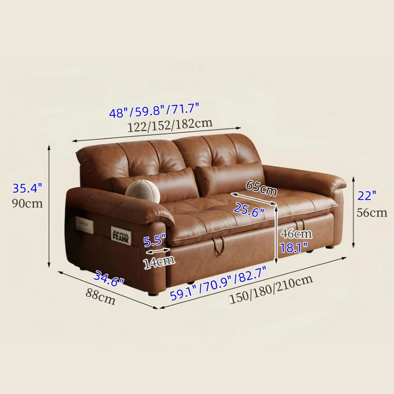 Sofá cama convertible 3 en 1 de cuero encerado al aceite con respaldo ajustable y bolsillo lateral.